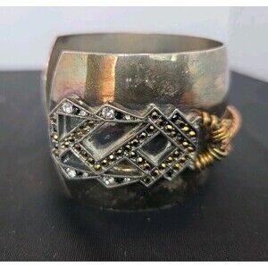 Bing Bang 2" Silver Cuff Bracelet With Stones & Goldtone Metals Heavy Unique